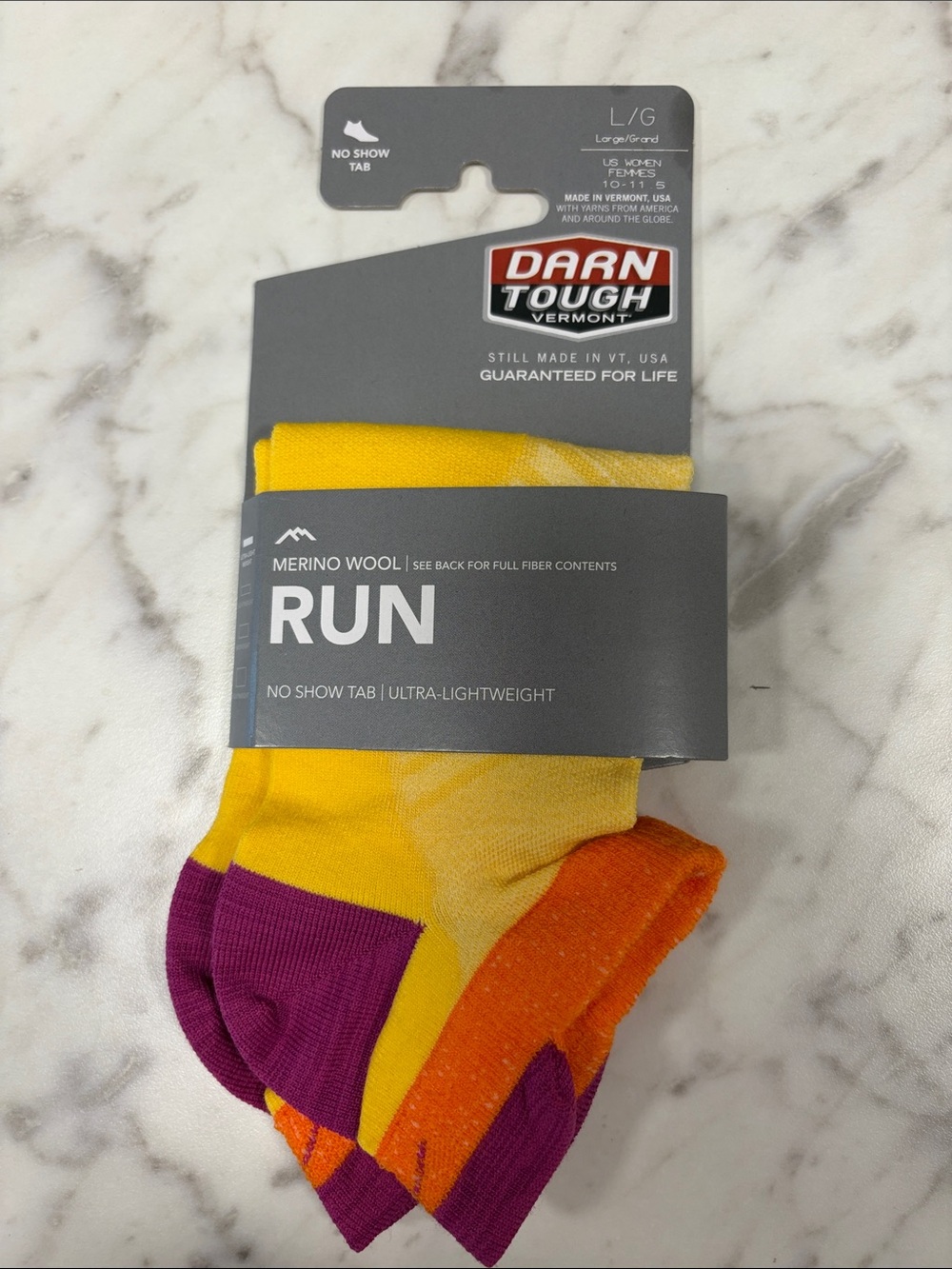 RUN Merino Wool No-Show Tab Socks - Yellow/Purple/Orange. Large. NWT